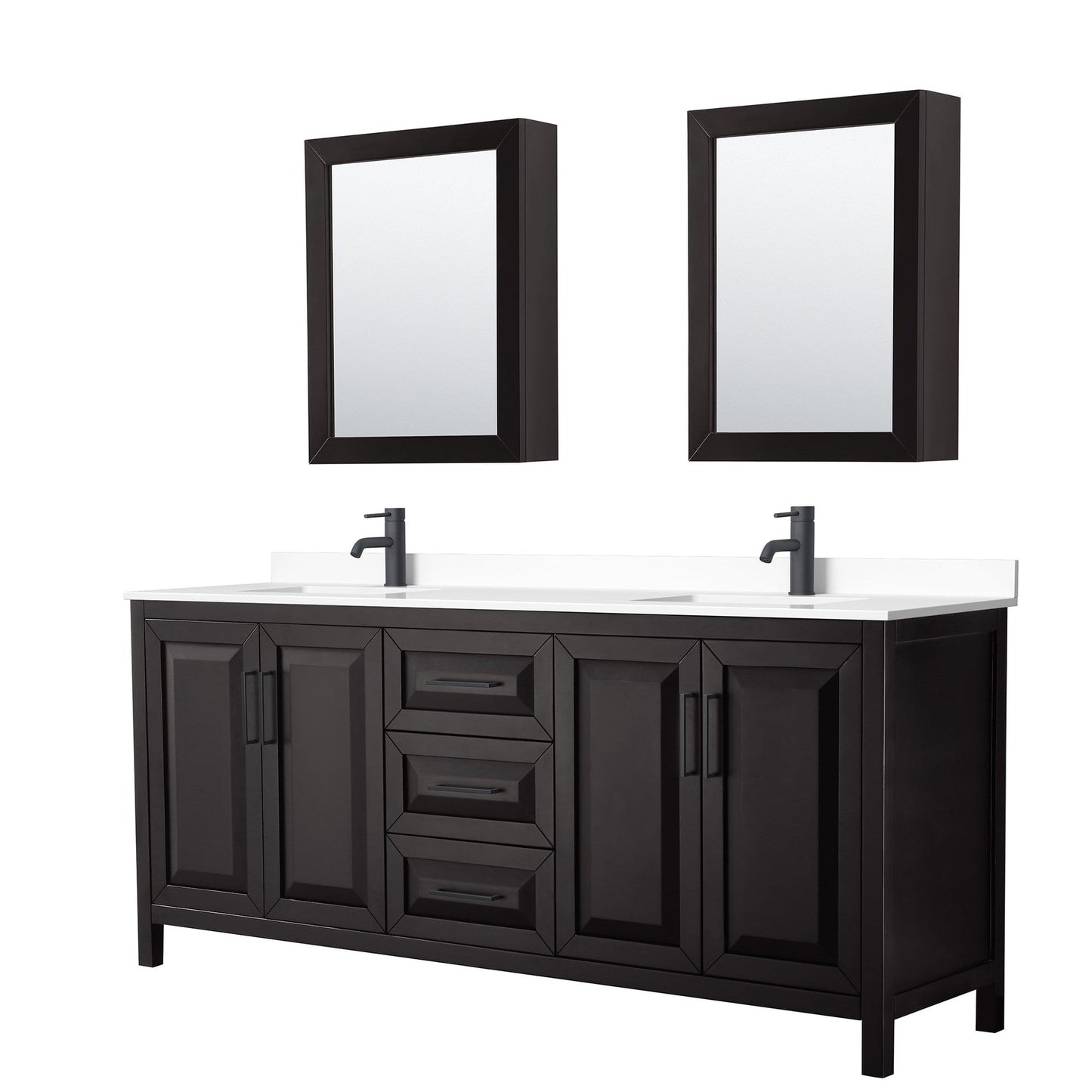 Wyndham Collection Daria 80" Double Bathroom Vanity in Dark Espresso, White Cultured Marble Countertop, Undermount Square Sinks, Matte Black Trim, Medicine Cabinets