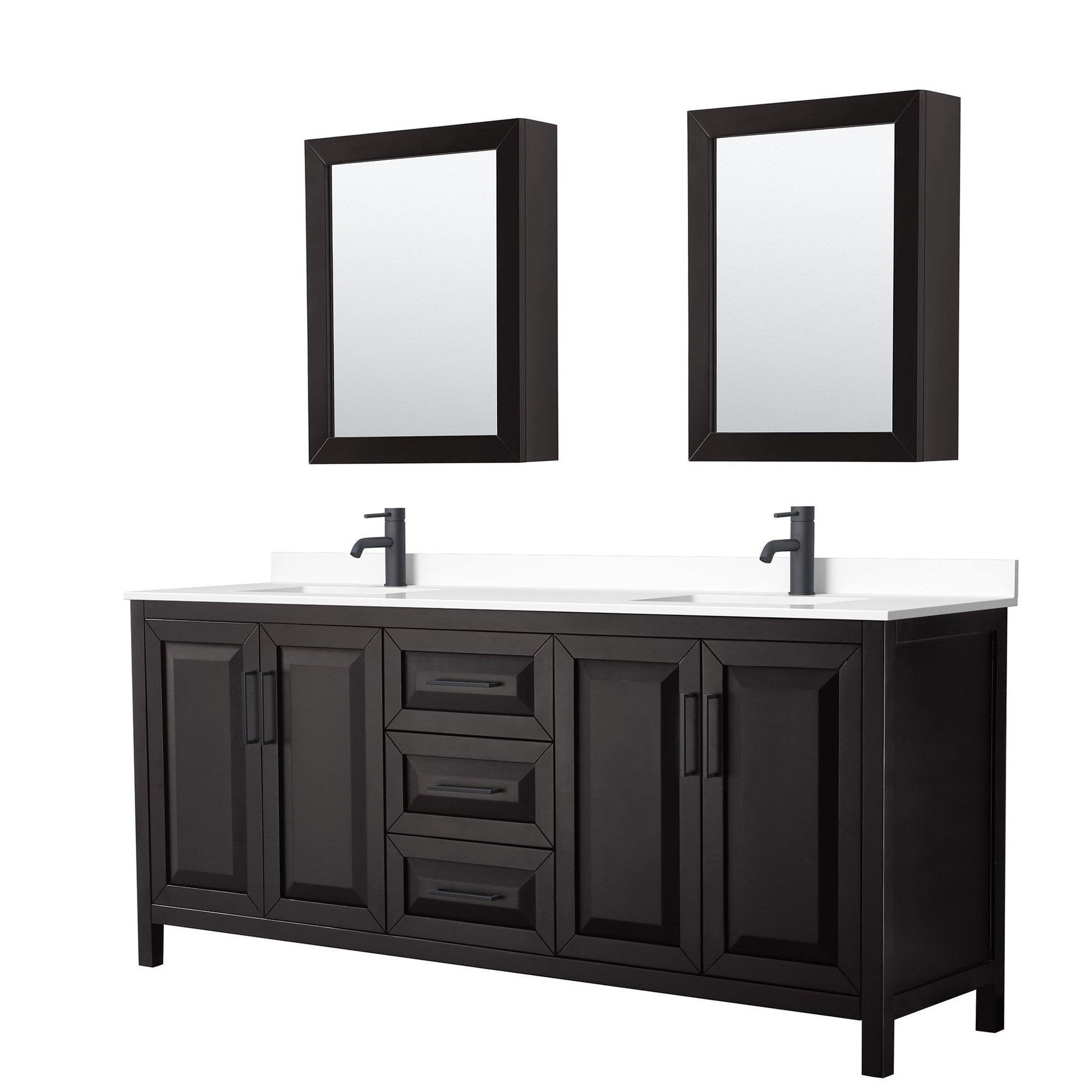 Wyndham Collection Daria 80" Double Bathroom Vanity in Dark Espresso, White Cultured Marble Countertop, Undermount Square Sinks, Matte Black Trim, Medicine Cabinets