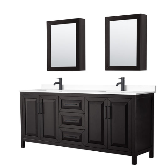 Wyndham Collection Daria 80" Double Bathroom Vanity in Dark Espresso, White Cultured Marble Countertop, Undermount Square Sinks, Matte Black Trim, Medicine Cabinets