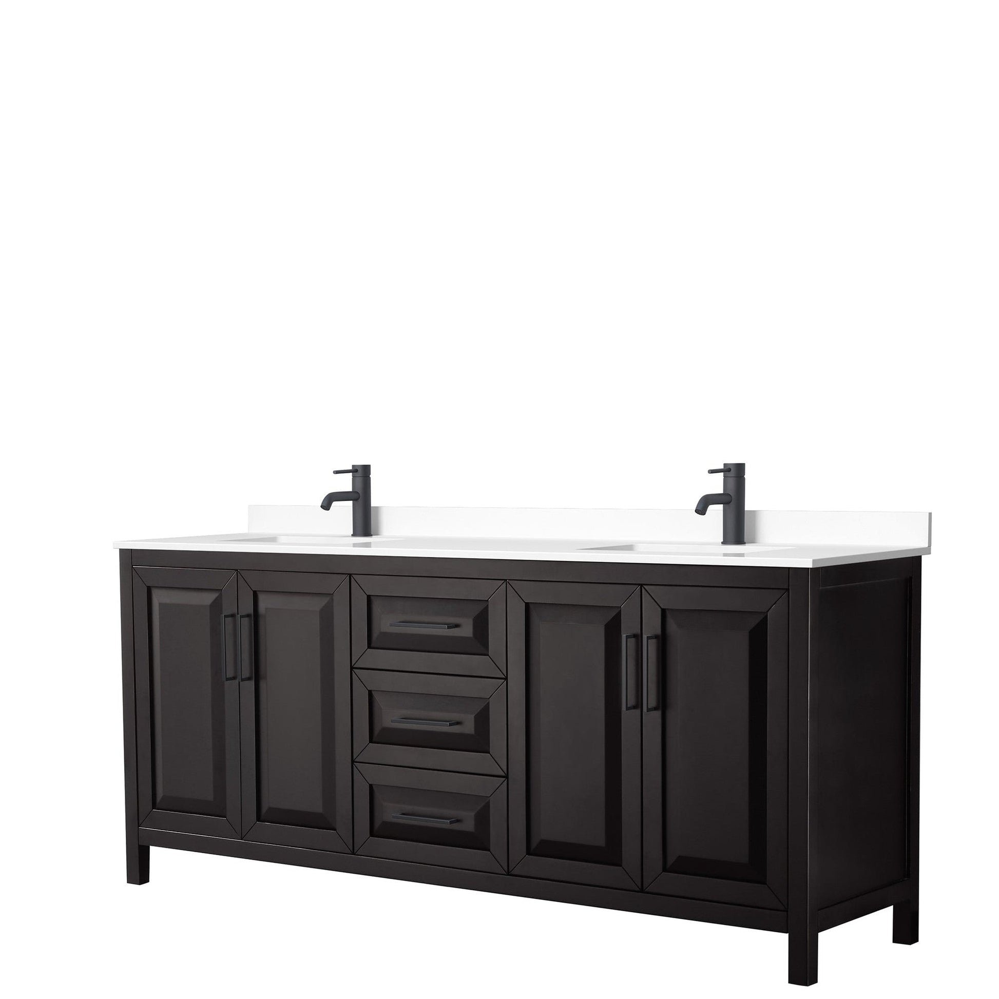 Wyndham Collection Daria 80" Double Bathroom Vanity in Dark Espresso, White Cultured Marble Countertop, Undermount Square Sinks, Matte Black Trim