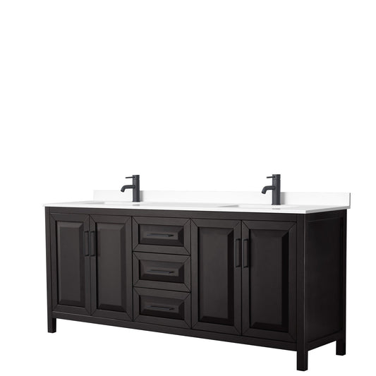Wyndham Collection Daria 80" Double Bathroom Vanity in Dark Espresso, White Cultured Marble Countertop, Undermount Square Sinks, Matte Black Trim