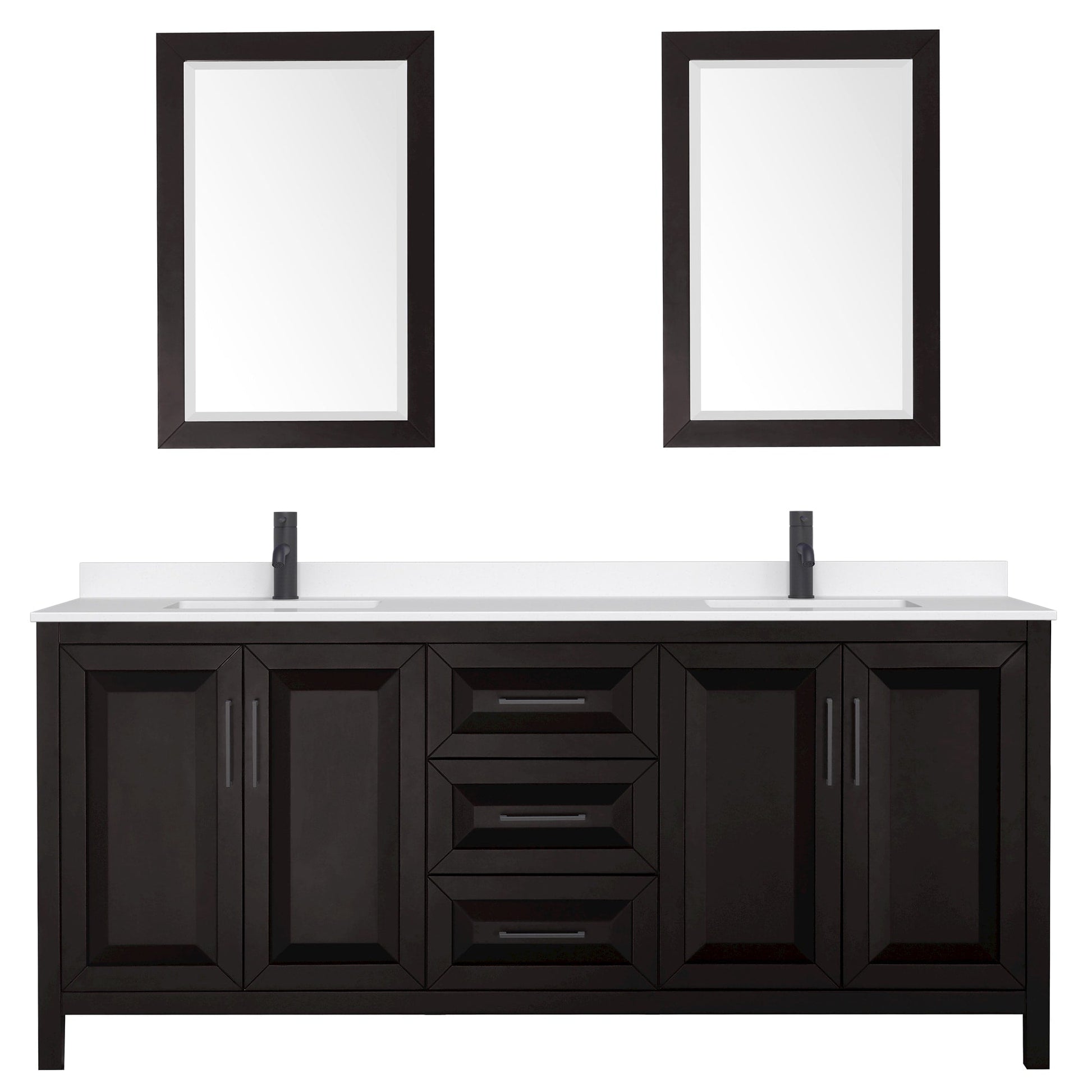 Wyndham Collection Daria 80" Double Bathroom Vanity in Dark Espresso, White Quartz Countertop, Undermount Square Sinks (1-Hole), Matte Black Trim, 24" Mirrors