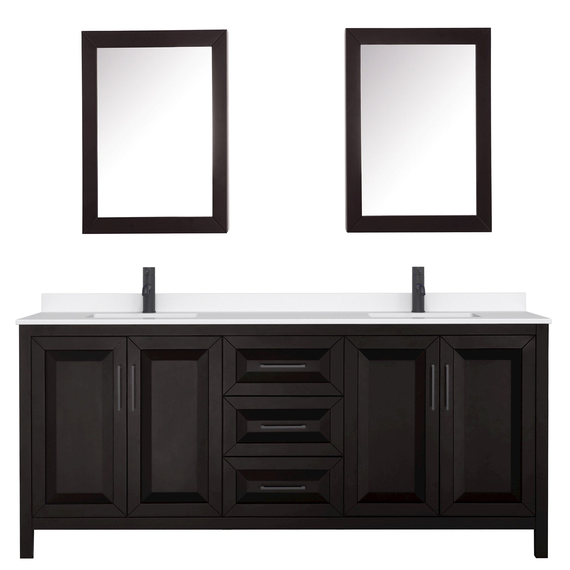 Wyndham Collection Daria 80" Double Bathroom Vanity in Dark Espresso, White Quartz Countertop, Undermount Square Sinks (1-Hole), Matte Black Trim, Medicine Cabinets
