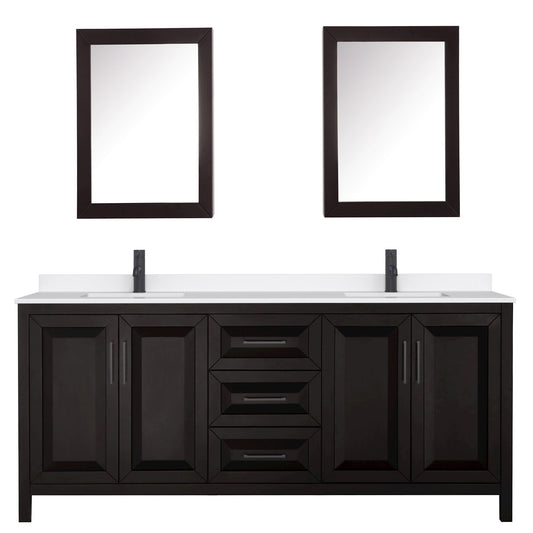 Wyndham Collection Daria 80" Double Bathroom Vanity in Dark Espresso, White Quartz Countertop, Undermount Square Sinks (1-Hole), Matte Black Trim, Medicine Cabinets