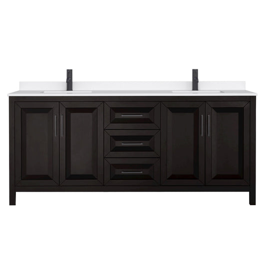 Wyndham Collection Daria 80" Double Bathroom Vanity in Dark Espresso, White Quartz Countertop, Undermount Square Sinks (1-Hole), Matte Black Trim