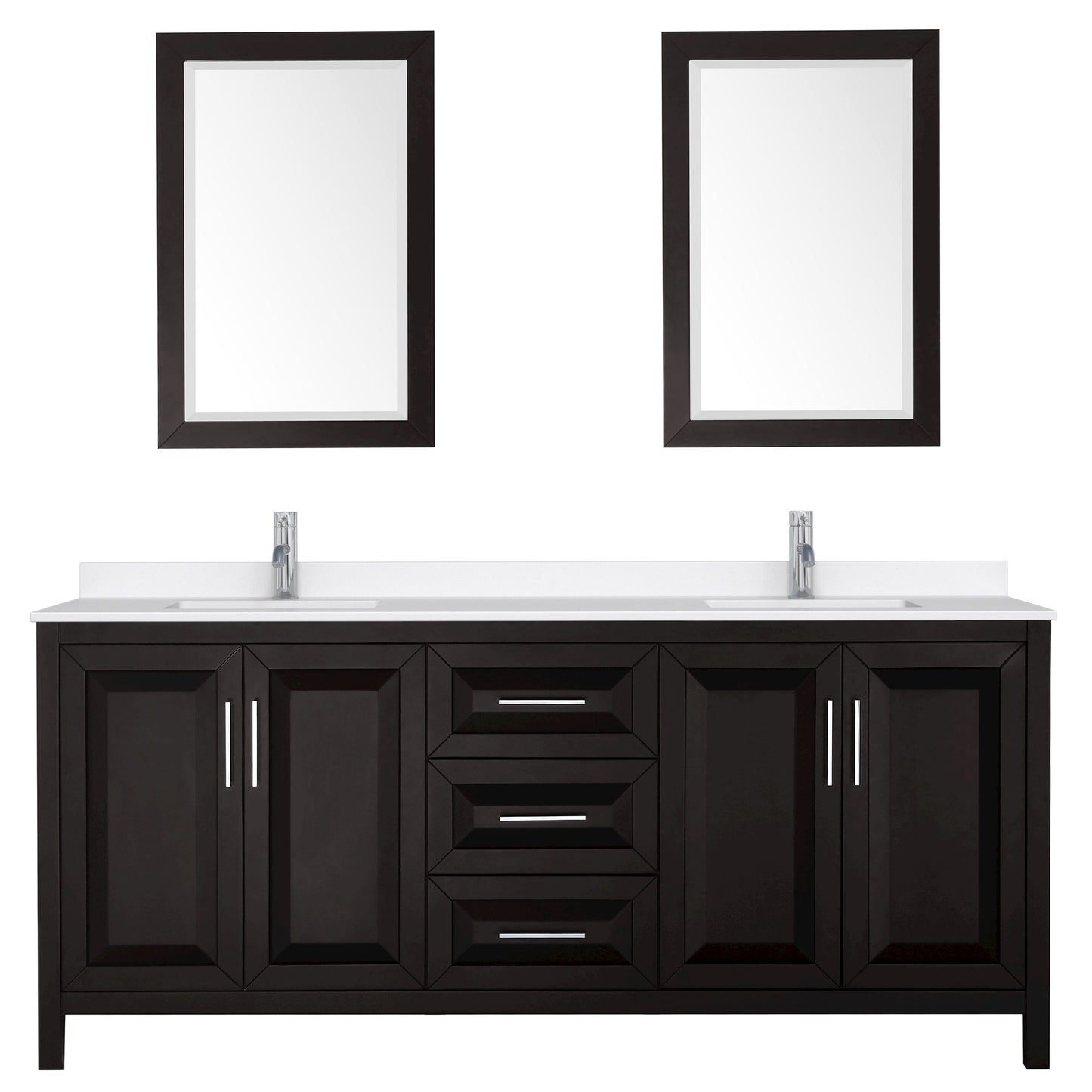 Wyndham Collection Daria 80" Double Bathroom Vanity in Dark Espresso, White Quartz Countertop, Undermount Square Sinks (1-Hole), Polished Chrome Trim, 24" Mirrors