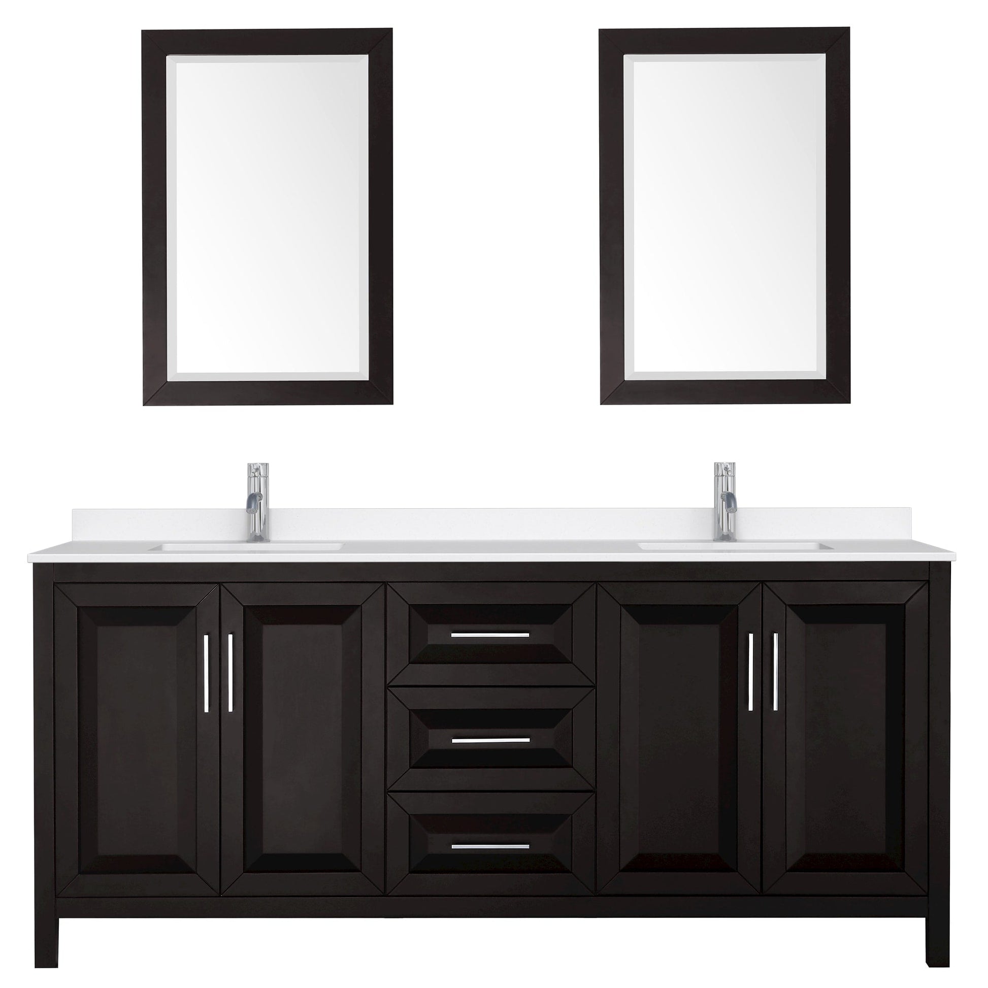 Wyndham Collection Daria 80" Double Bathroom Vanity in Dark Espresso, White Quartz Countertop, Undermount Square Sinks (1-Hole), Polished Chrome Trim, 24" Mirrors