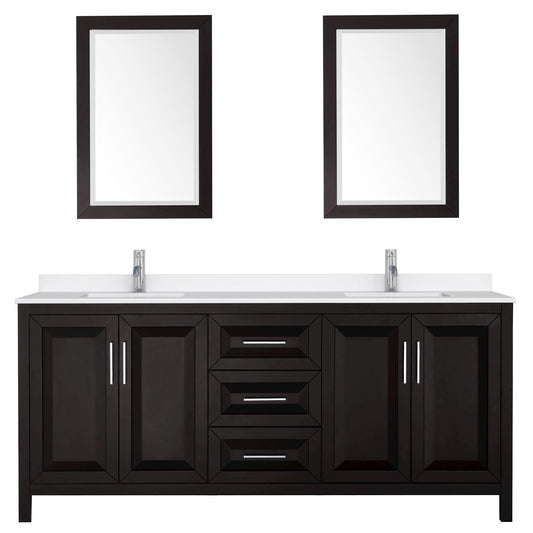 Wyndham Collection Daria 80" Double Bathroom Vanity in Dark Espresso, White Quartz Countertop, Undermount Square Sinks (1-Hole), Polished Chrome Trim, 24" Mirrors