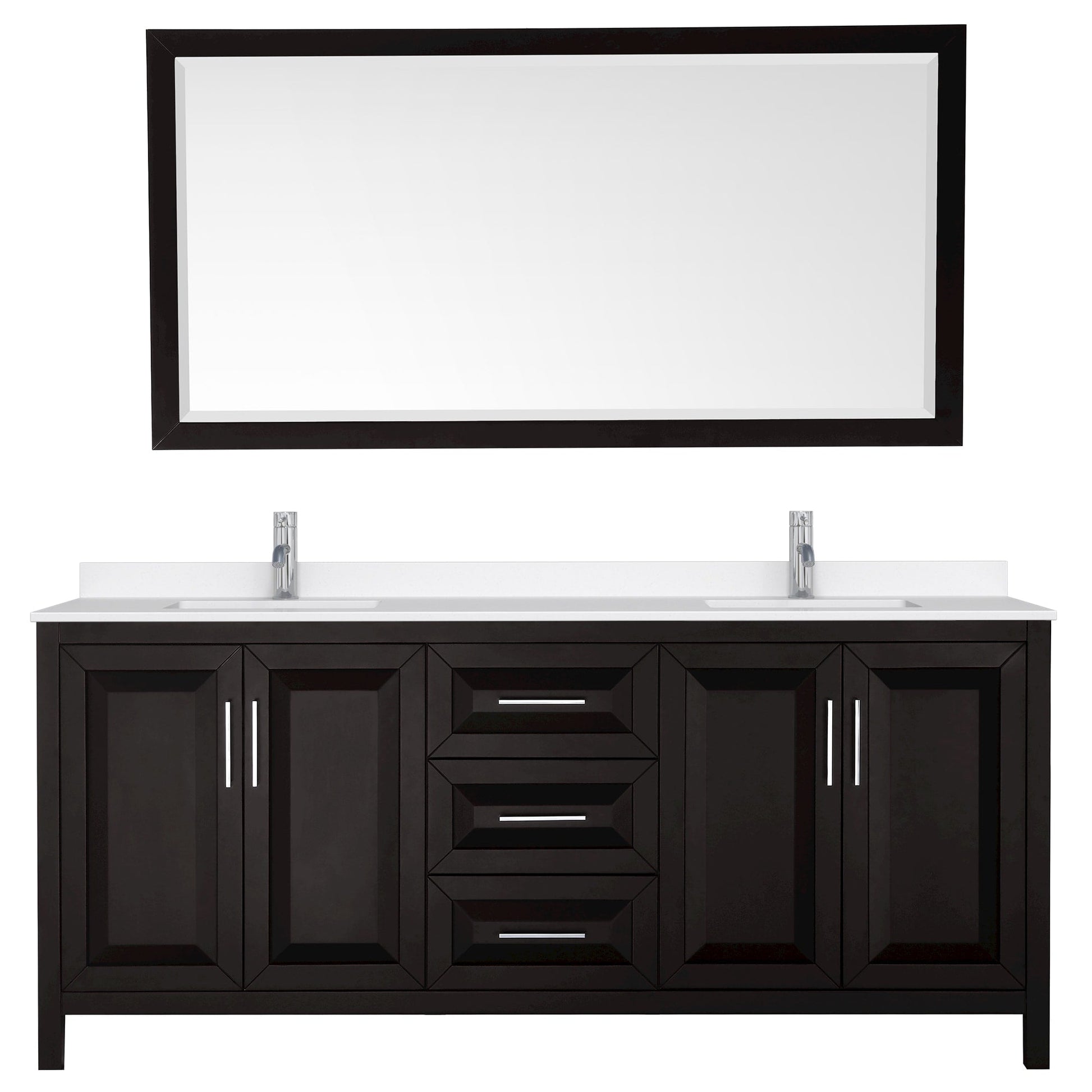 Wyndham Collection Daria 80" Double Bathroom Vanity in Dark Espresso, White Quartz Countertop, Undermount Square Sinks (1-Hole), Polished Chrome Trim, 70" Mirror
