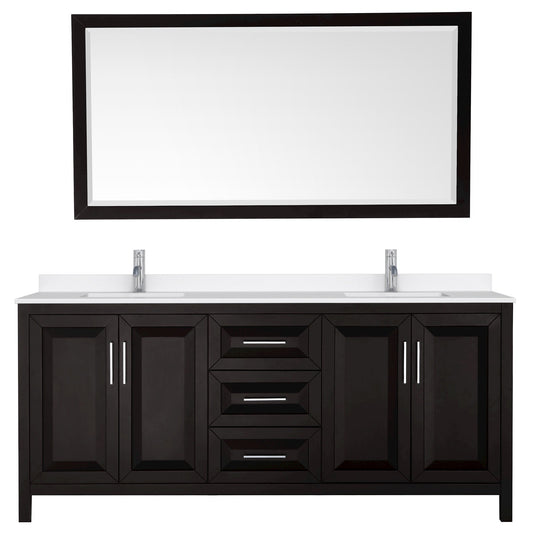 Wyndham Collection Daria 80" Double Bathroom Vanity in Dark Espresso, White Quartz Countertop, Undermount Square Sinks (1-Hole), Polished Chrome Trim, 70" Mirror