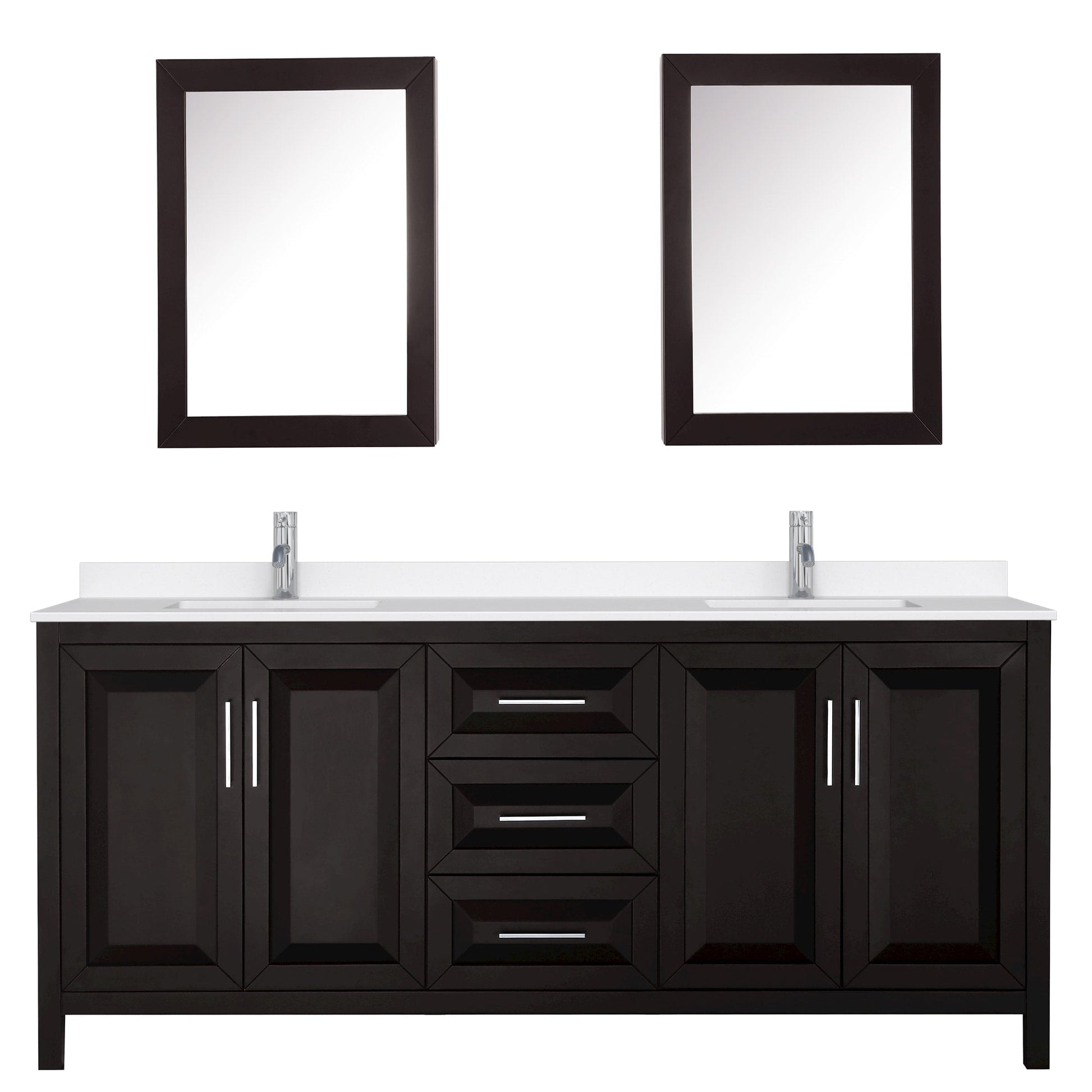 Wyndham Collection Daria 80" Double Bathroom Vanity in Dark Espresso, White Quartz Countertop, Undermount Square Sinks (1-Hole), Polished Chrome Trim, Medicine Cabinets