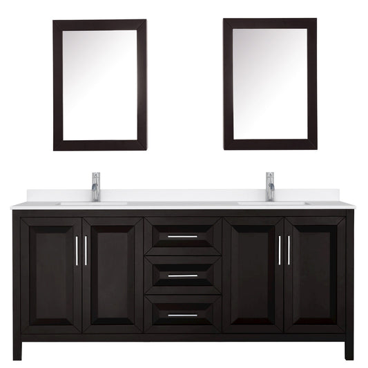Wyndham Collection Daria 80" Double Bathroom Vanity in Dark Espresso, White Quartz Countertop, Undermount Square Sinks (1-Hole), Polished Chrome Trim, Medicine Cabinets