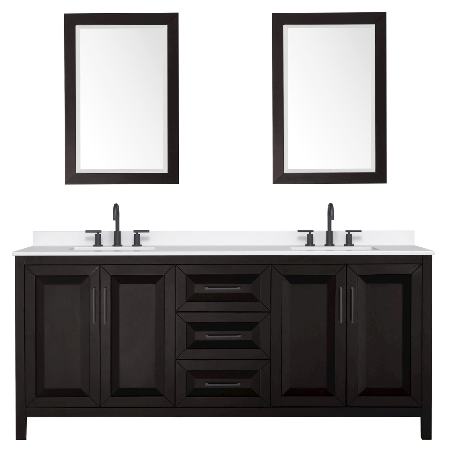 Wyndham Collection Daria 80" Double Bathroom Vanity in Dark Espresso, White Quartz Countertop, Undermount Square Sinks (3-Hole), Matte Black Trim, 24" Mirrors