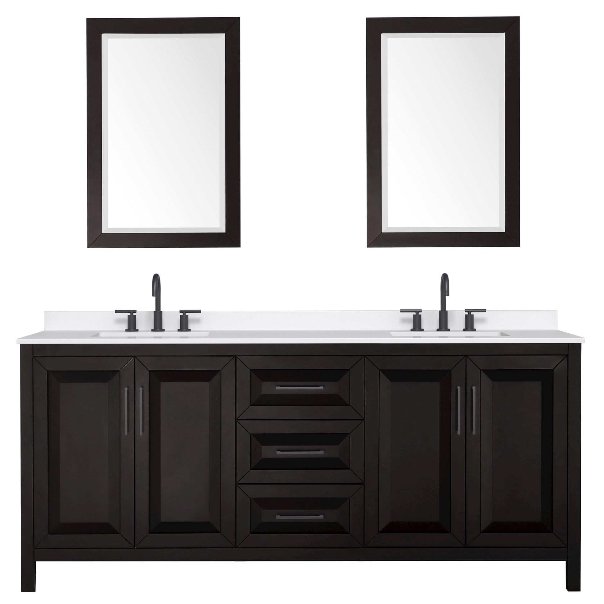 Wyndham Collection Daria 80" Double Bathroom Vanity in Dark Espresso, White Quartz Countertop, Undermount Square Sinks (3-Hole), Matte Black Trim, 24" Mirrors