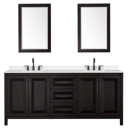 Wyndham Collection Daria 80" Double Bathroom Vanity in Dark Espresso, White Quartz Countertop, Undermount Square Sinks (3-Hole), Matte Black Trim, 24" Mirrors