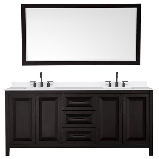 Wyndham Collection Daria 80" Double Bathroom Vanity in Dark Espresso, White Quartz Countertop, Undermount Square Sinks (3-Hole), Matte Black Trim, 70" Mirror