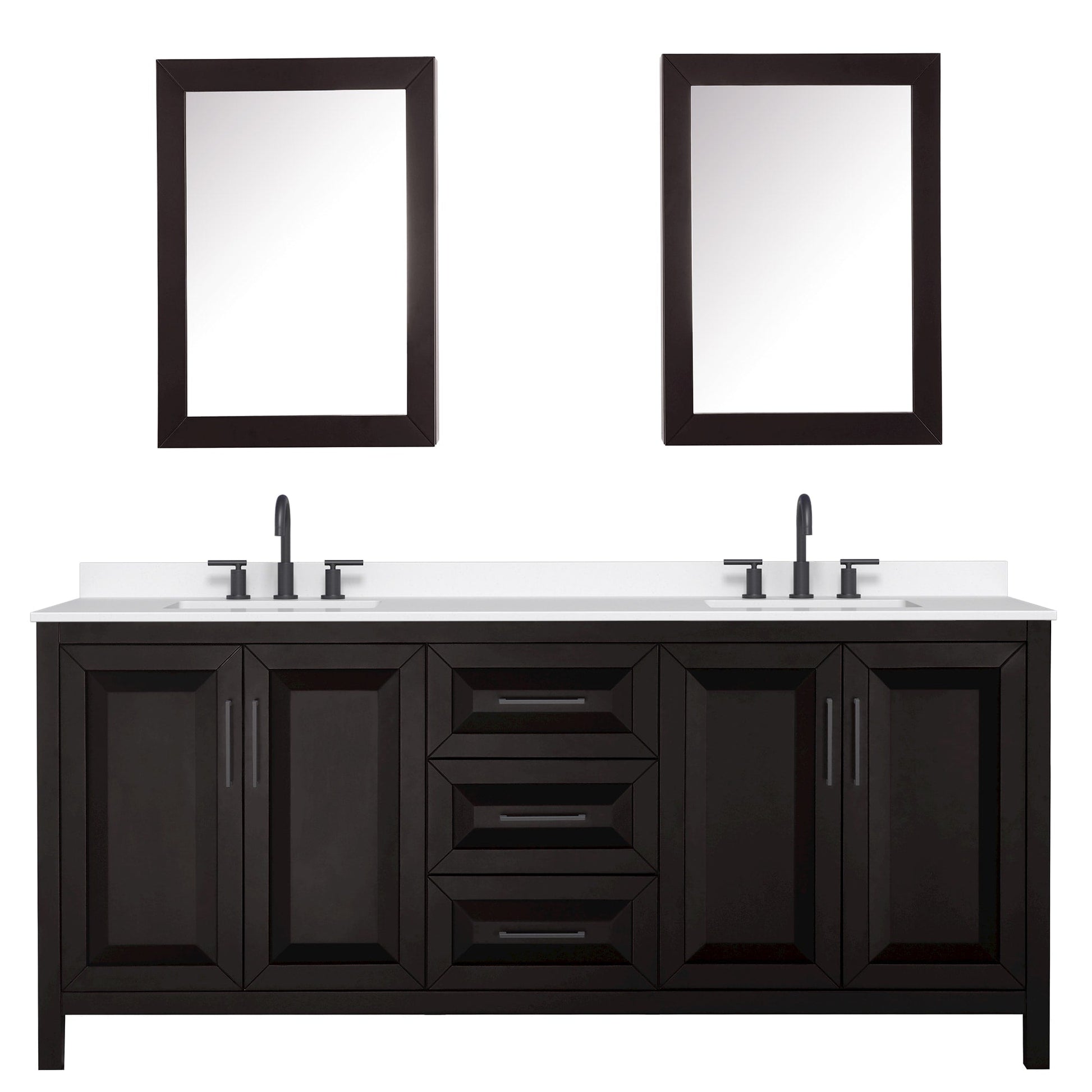 Wyndham Collection Daria 80" Double Bathroom Vanity in Dark Espresso, White Quartz Countertop, Undermount Square Sinks (3-Hole), Matte Black Trim, Medicine Cabinets