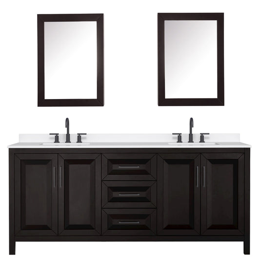 Wyndham Collection Daria 80" Double Bathroom Vanity in Dark Espresso, White Quartz Countertop, Undermount Square Sinks (3-Hole), Matte Black Trim, Medicine Cabinets