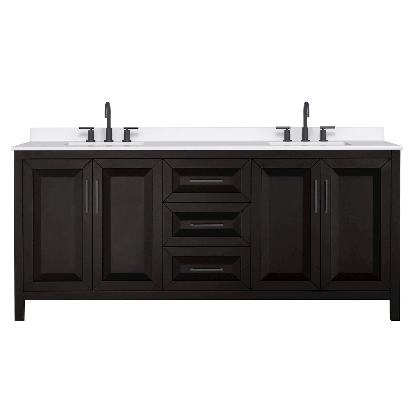 Wyndham Collection Daria 80" Double Bathroom Vanity in Dark Espresso, White Quartz Countertop, Undermount Square Sinks (3-Hole), Matte Black Trim