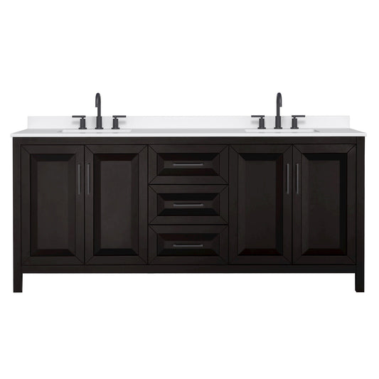 Wyndham Collection Daria 80" Double Bathroom Vanity in Dark Espresso, White Quartz Countertop, Undermount Square Sinks (3-Hole), Matte Black Trim