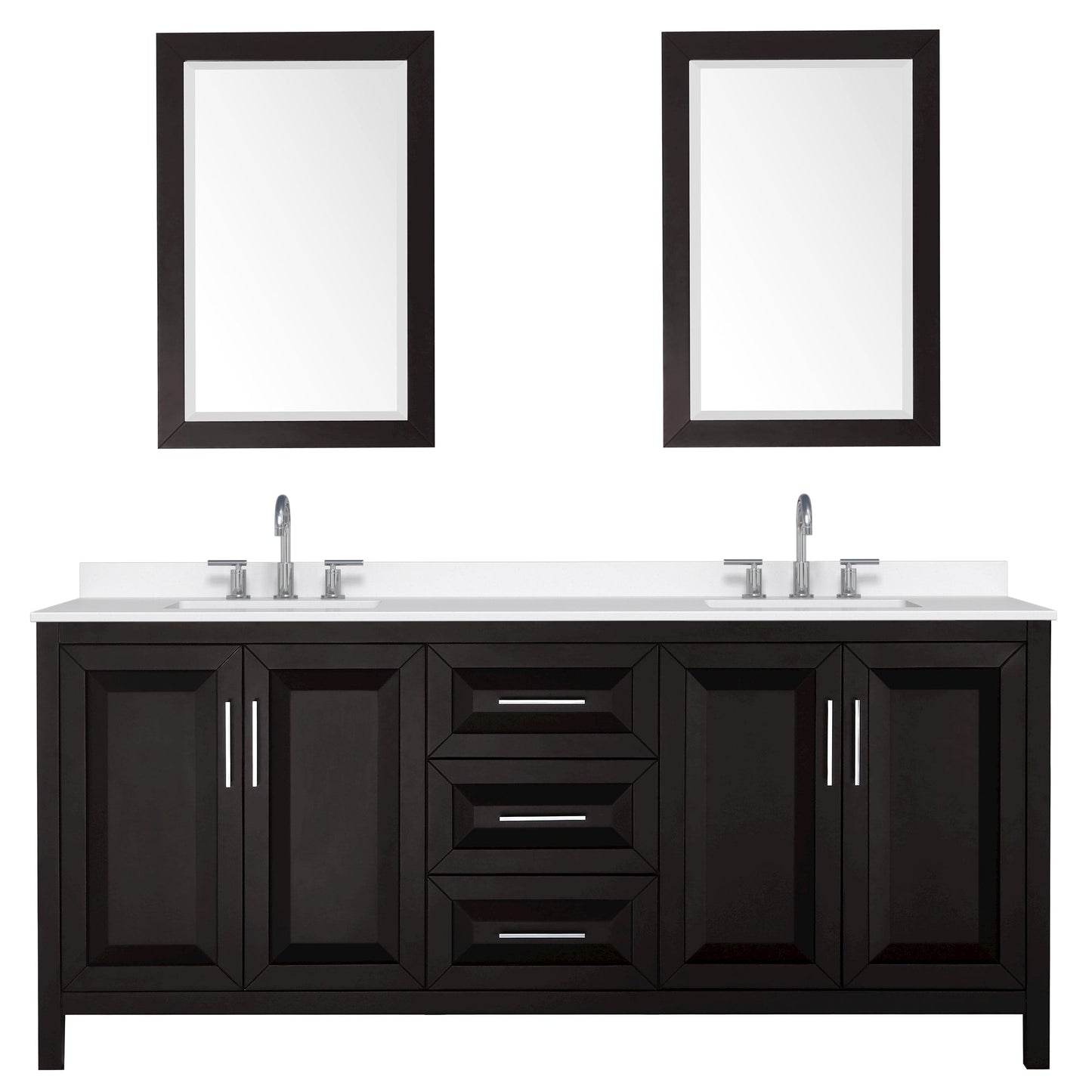 Wyndham Collection Daria 80" Double Bathroom Vanity in Dark Espresso, White Quartz Countertop, Undermount Square Sinks (3-Hole), Polished Chrome Trim, 24" Mirrors