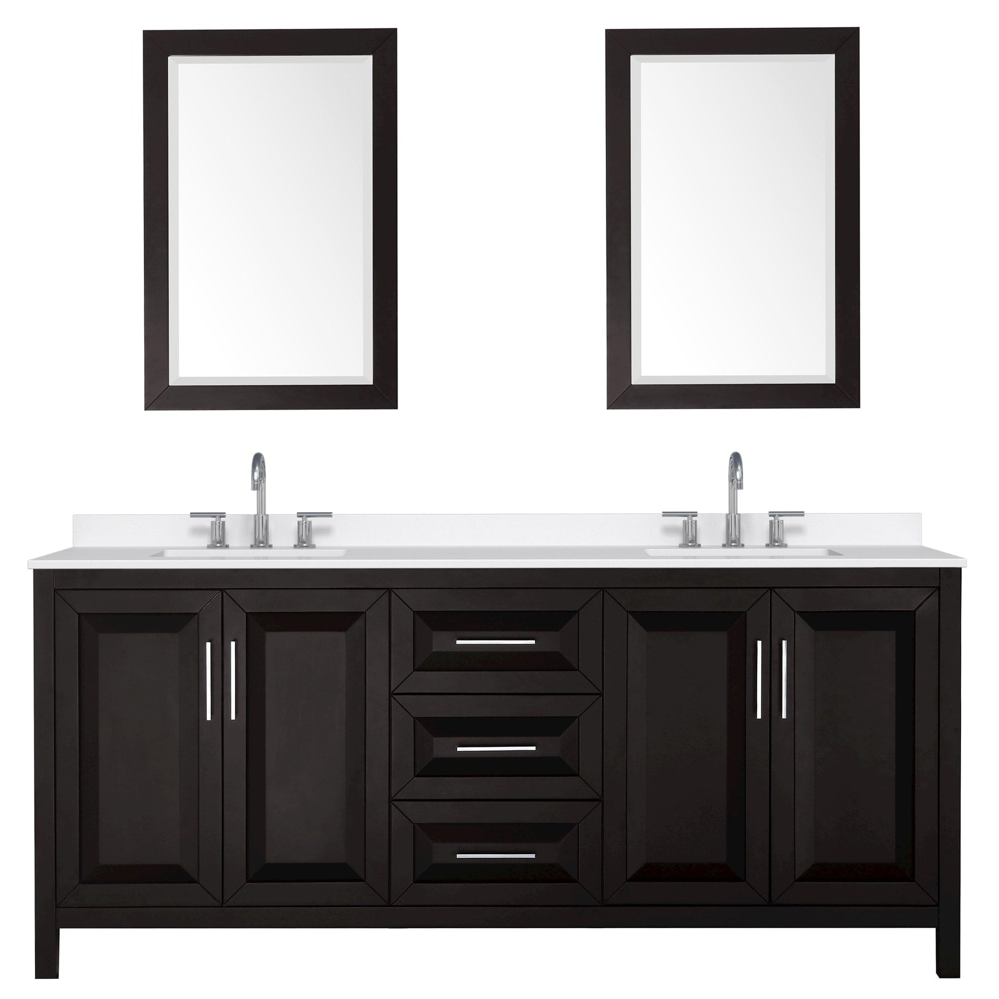 Wyndham Collection Daria 80" Double Bathroom Vanity in Dark Espresso, White Quartz Countertop, Undermount Square Sinks (3-Hole), Polished Chrome Trim, 24" Mirrors