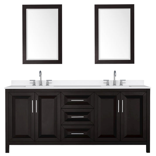 Wyndham Collection Daria 80" Double Bathroom Vanity in Dark Espresso, White Quartz Countertop, Undermount Square Sinks (3-Hole), Polished Chrome Trim, 24" Mirrors