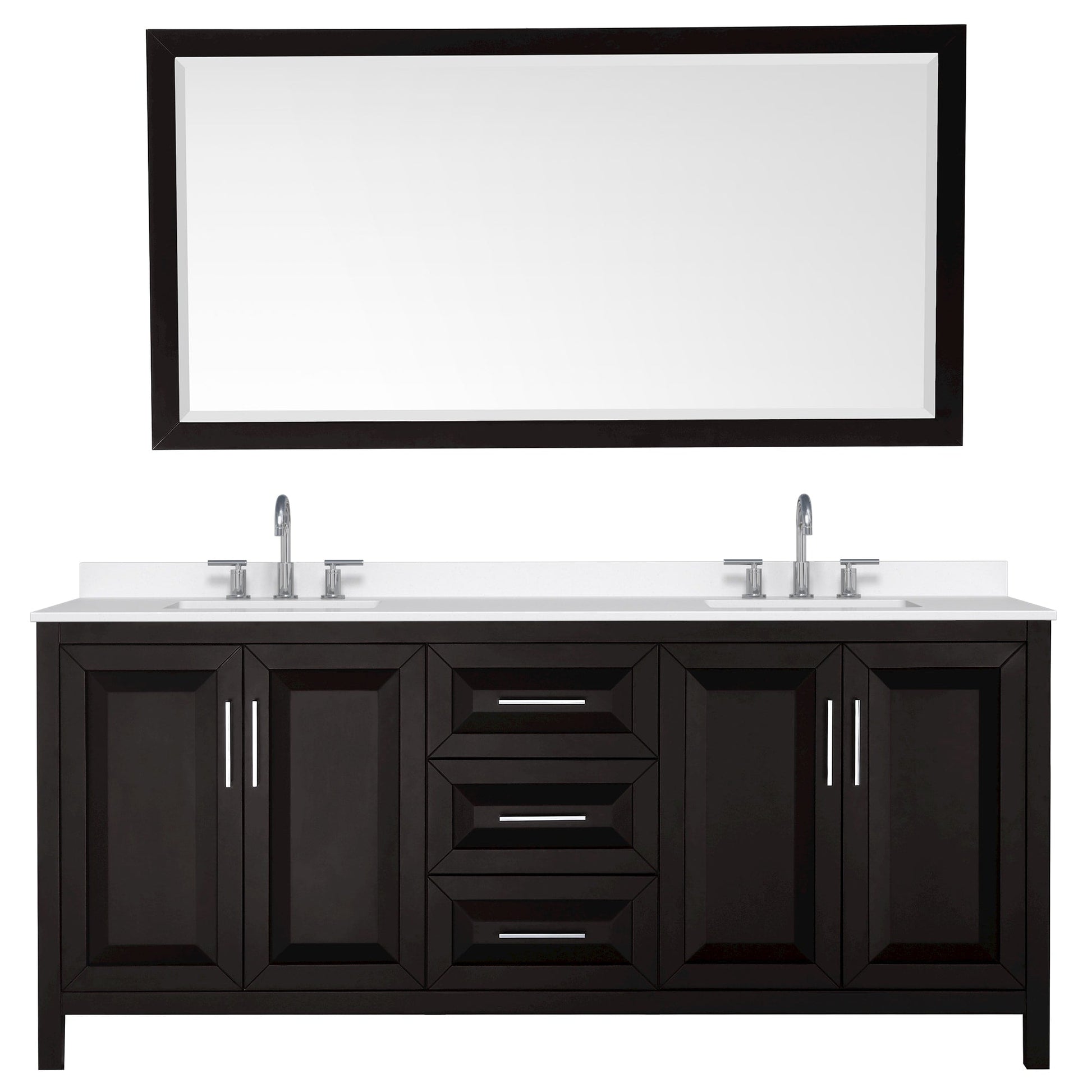 Wyndham Collection Daria 80" Double Bathroom Vanity in Dark Espresso, White Quartz Countertop, Undermount Square Sinks (3-Hole), Polished Chrome Trim, 70" Mirror
