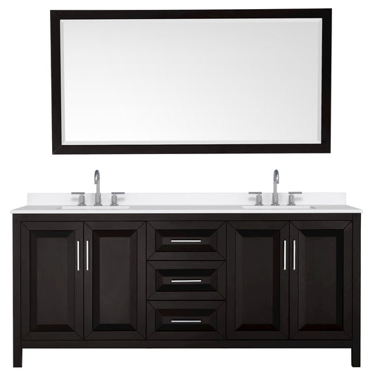 Wyndham Collection Daria 80" Double Bathroom Vanity in Dark Espresso, White Quartz Countertop, Undermount Square Sinks (3-Hole), Polished Chrome Trim, 70" Mirror