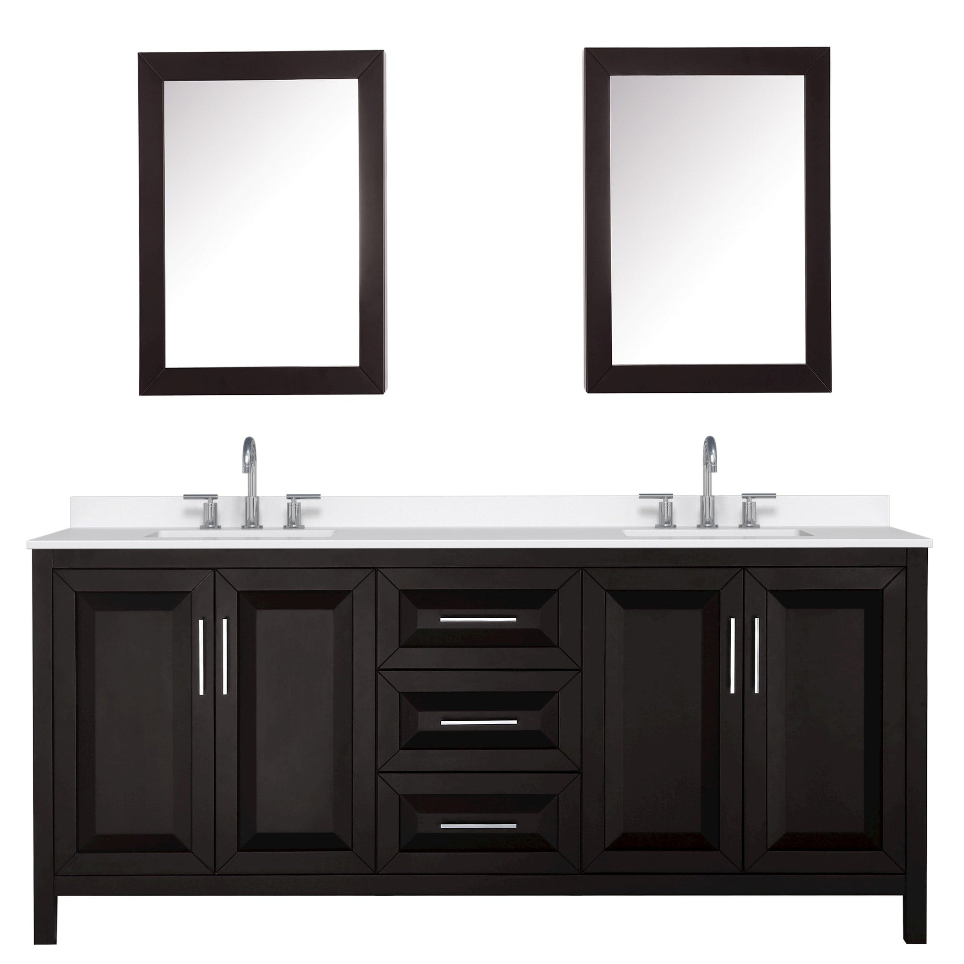 Wyndham Collection Daria 80" Double Bathroom Vanity in Dark Espresso, White Quartz Countertop, Undermount Square Sinks (3-Hole), Polished Chrome Trim, Medicine Cabinets
