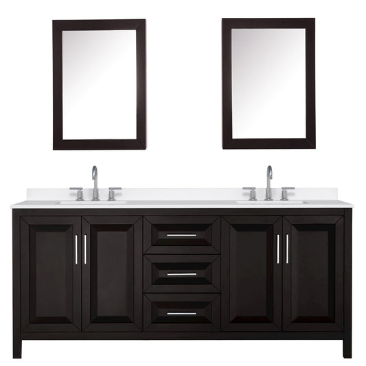 Wyndham Collection Daria 80" Double Bathroom Vanity in Dark Espresso, White Quartz Countertop, Undermount Square Sinks (3-Hole), Polished Chrome Trim, Medicine Cabinets