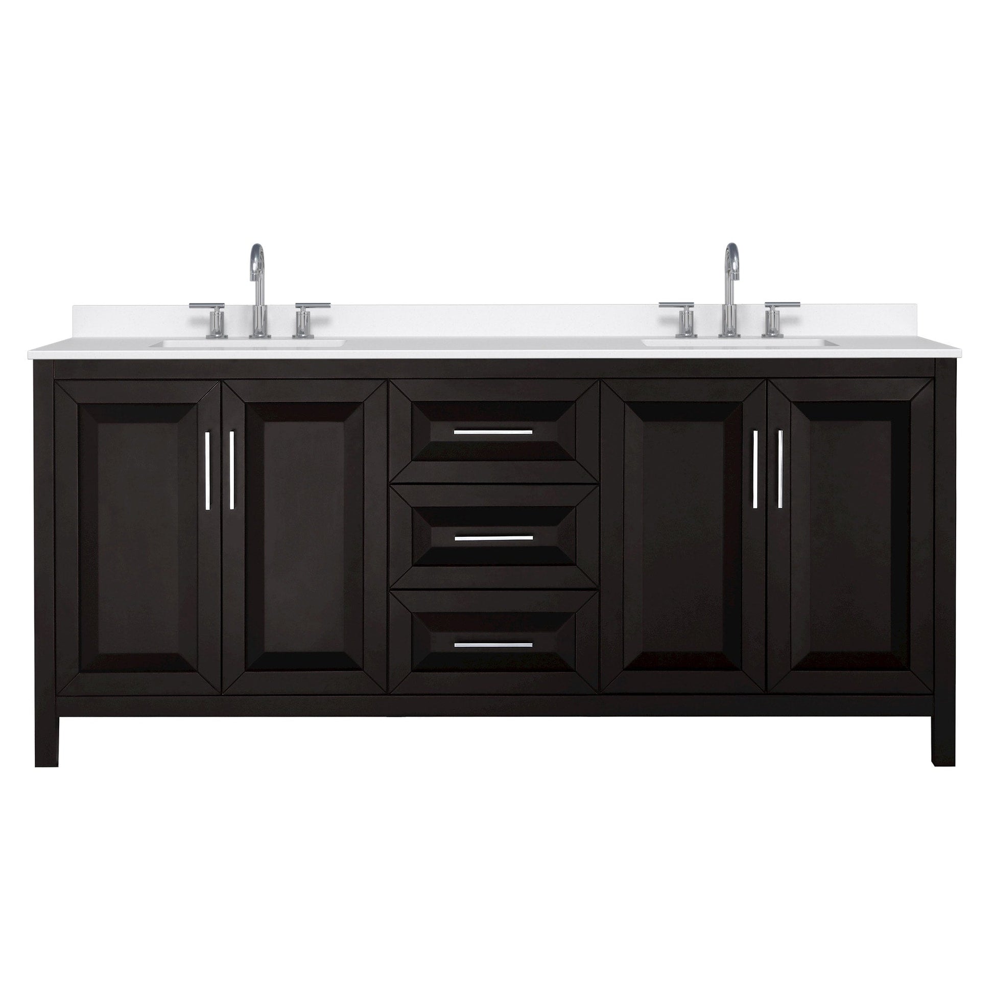 Wyndham Collection Daria 80" Double Bathroom Vanity in Dark Espresso, White Quartz Countertop, Undermount Square Sinks (3-Hole), Polished Chrome Trim