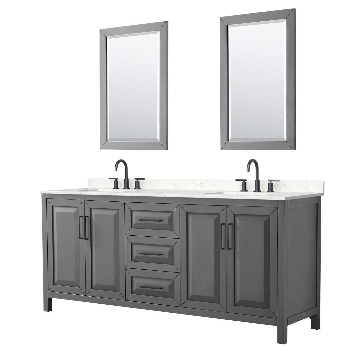 Wyndham Collection Daria 80" Double Bathroom Vanity in Dark Gray, Carrara Cultured Marble Countertop, Undermount Square Sinks (3-Hole), Matte Black Trim, 24" Mirrors