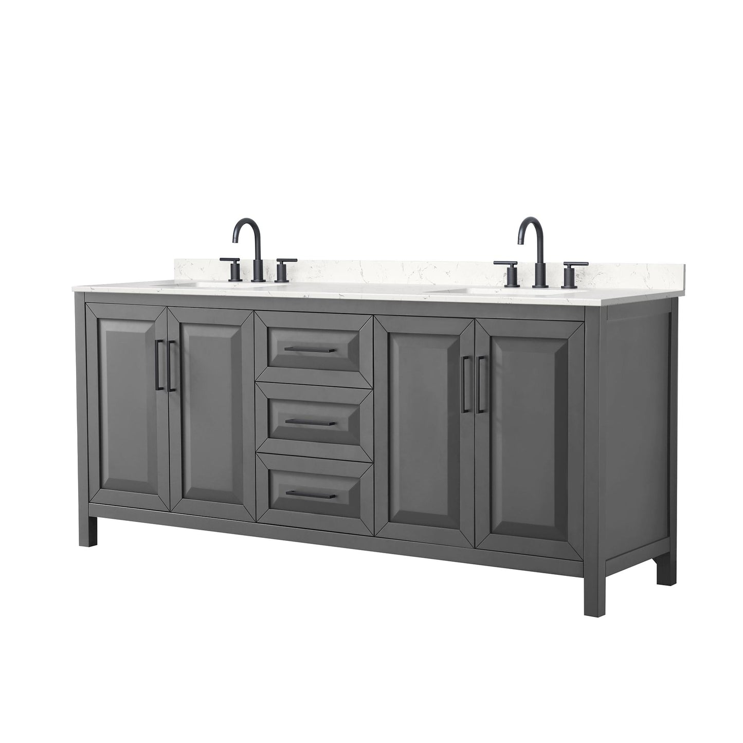 Wyndham Collection Daria 80" Double Bathroom Vanity in Dark Gray, Carrara Cultured Marble Countertop, Undermount Square Sinks (3-Hole), Matte Black Trim