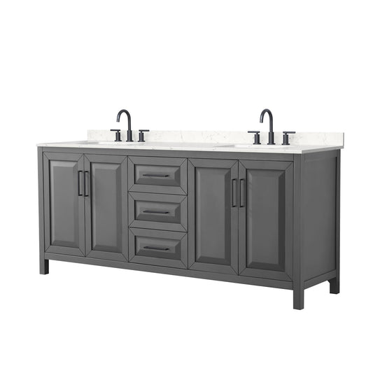 Wyndham Collection Daria 80" Double Bathroom Vanity in Dark Gray, Carrara Cultured Marble Countertop, Undermount Square Sinks (3-Hole), Matte Black Trim