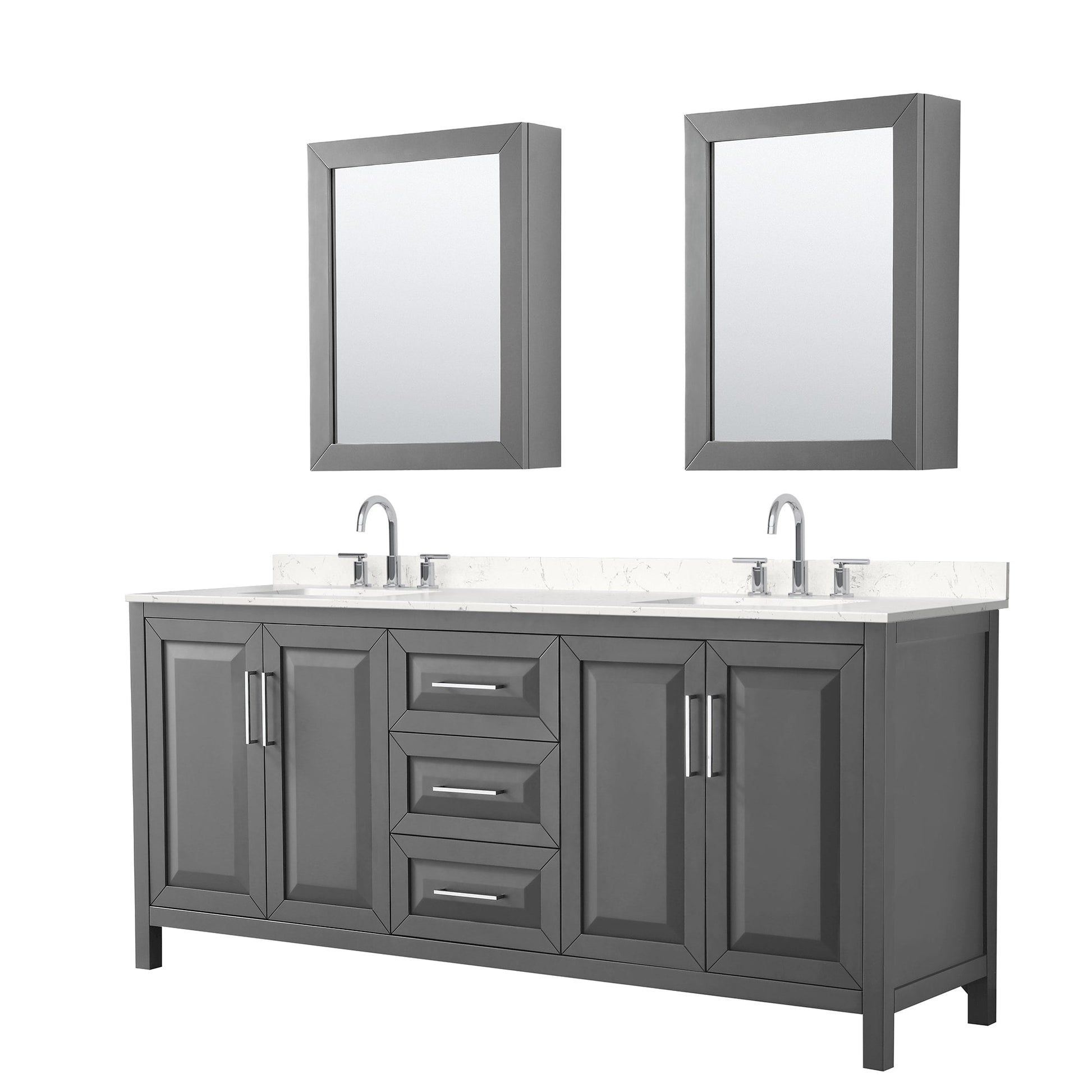 Wyndham Collection Daria 80" Double Bathroom Vanity in Dark Gray, Carrara Cultured Marble Countertop, Undermount Square Sinks (3-Hole), Polished Chrome Trim, Medicine Cabinets