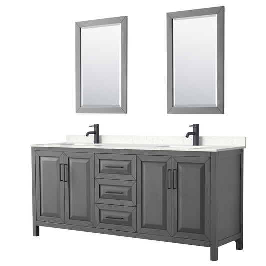 Wyndham Collection Daria 80" Double Bathroom Vanity in Dark Gray, Carrara Cultured Marble Countertop, Undermount Square Sinks, Matte Black Trim, 24" Mirrors