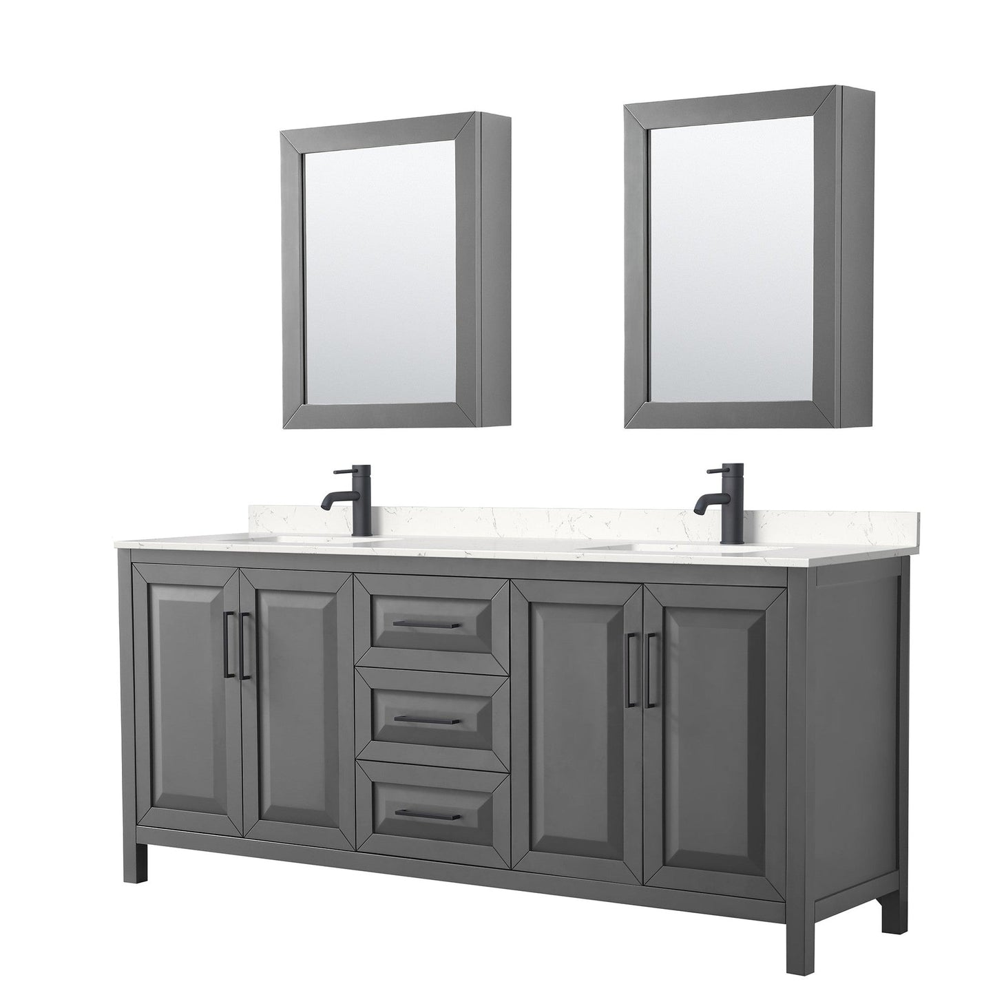 Wyndham Collection Daria 80" Double Bathroom Vanity in Dark Gray, Carrara Cultured Marble Countertop, Undermount Square Sinks, Matte Black Trim, Medicine Cabinets