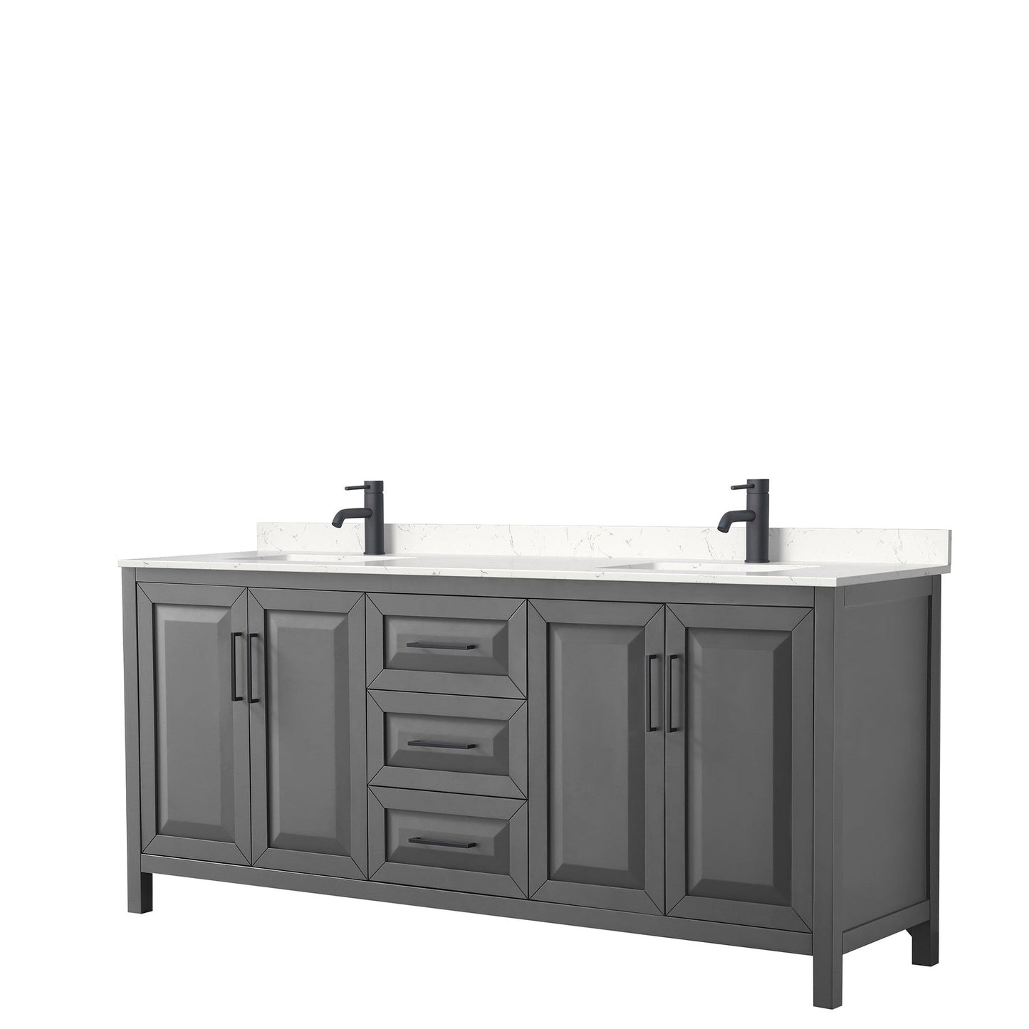 Wyndham Collection Daria 80" Double Bathroom Vanity in Dark Gray, Carrara Cultured Marble Countertop, Undermount Square Sinks, Matte Black Trim