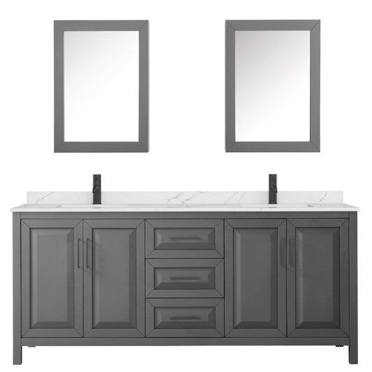 Wyndham Collection Daria 80" Double Bathroom Vanity in Dark Gray, Giotto Quartz Countertop, Undermount Square Sinks (1-Hole), Matte Black Trim, Medicine Cabinets