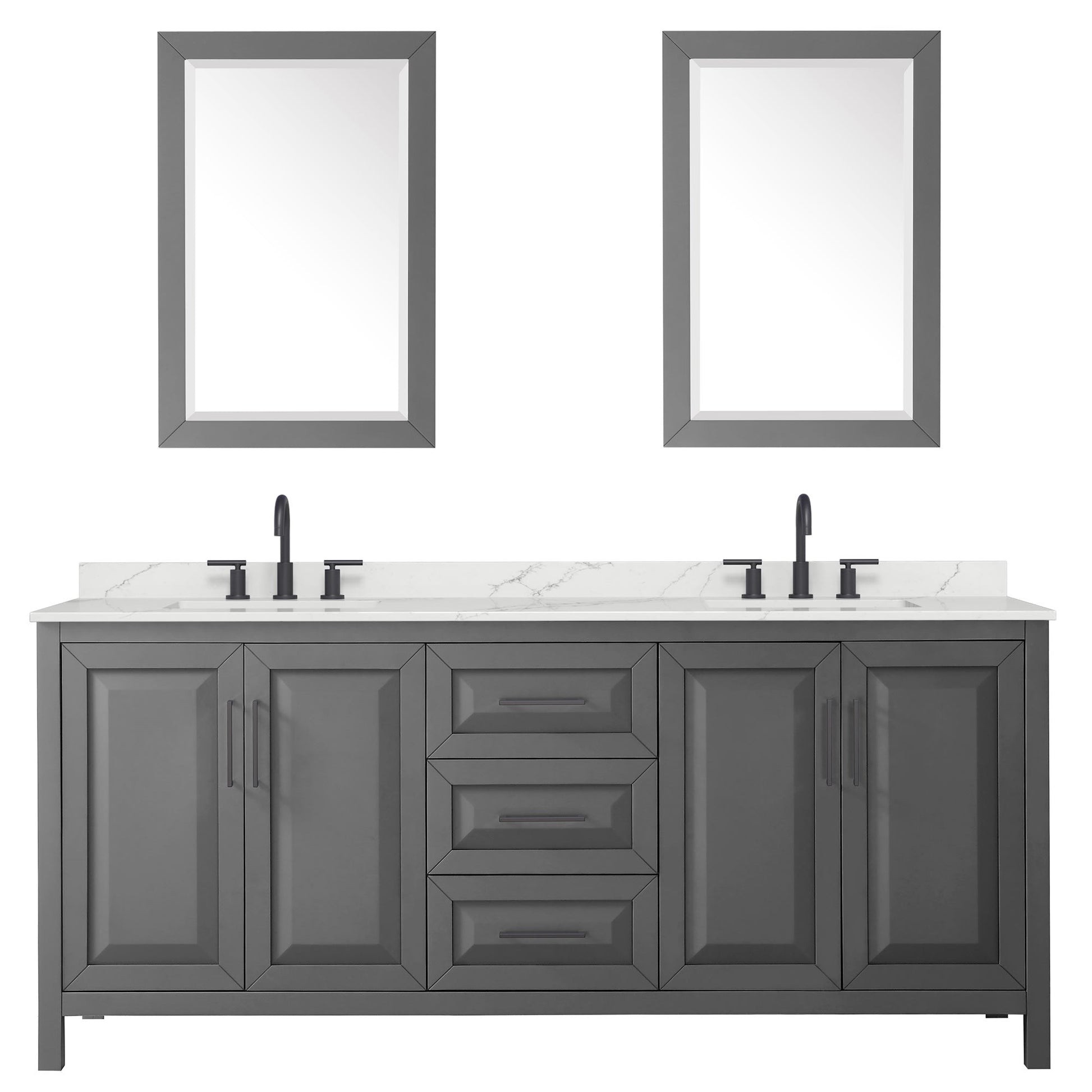 Wyndham Collection Daria 80" Double Bathroom Vanity in Dark Gray, Giotto Quartz Countertop, Undermount Square Sinks (3-Hole), Matte Black Trim, 24" Mirrors