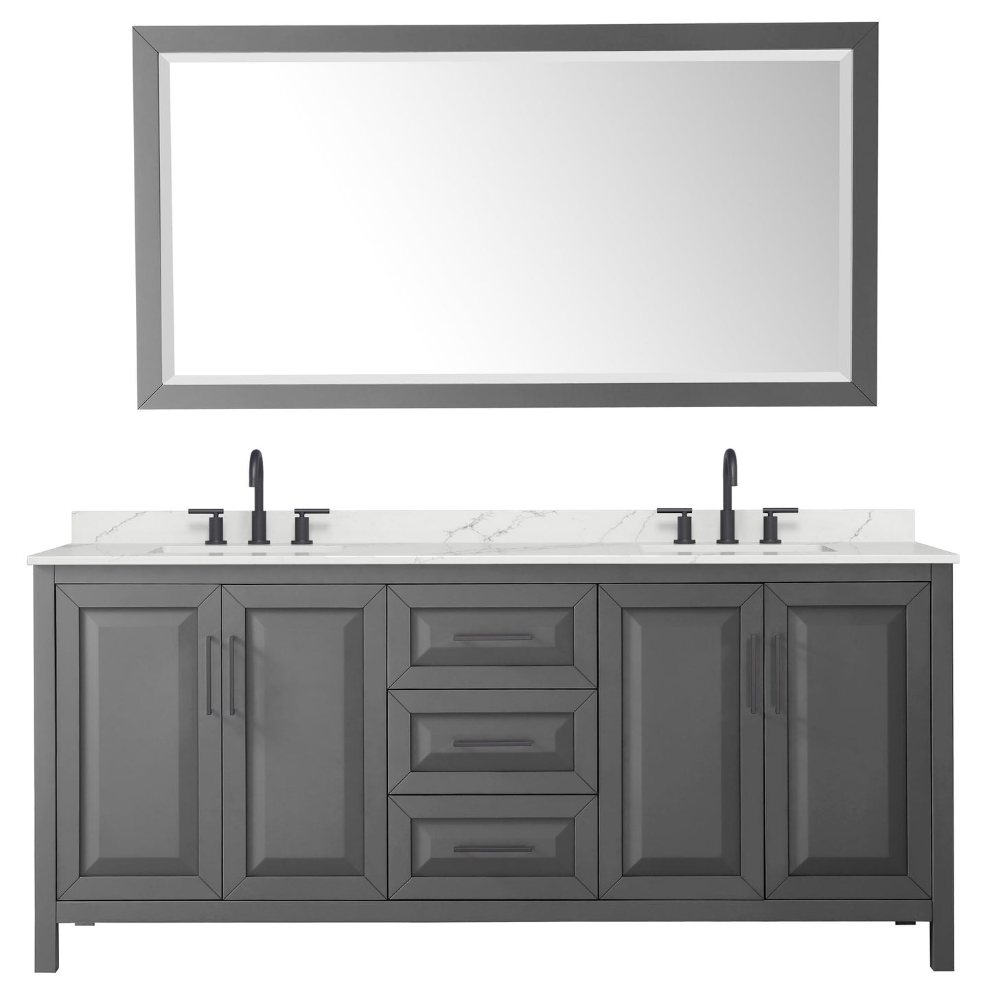 Wyndham Collection Daria 80" Double Bathroom Vanity in Dark Gray, Giotto Quartz Countertop, Undermount Square Sinks (3-Hole), Matte Black Trim, 70" Mirror