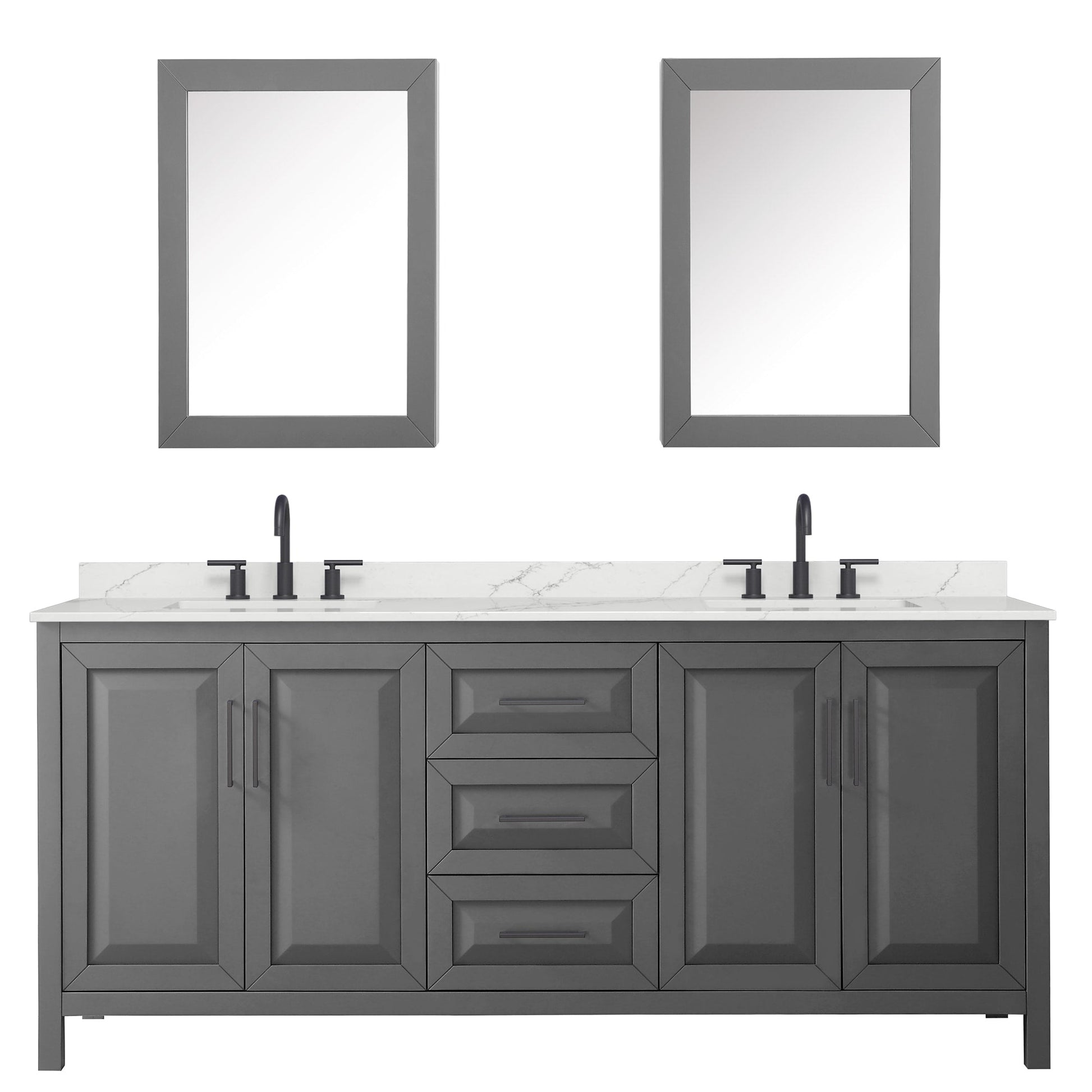 Wyndham Collection Daria 80" Double Bathroom Vanity in Dark Gray, Giotto Quartz Countertop, Undermount Square Sinks (3-Hole), Matte Black Trim, Medicine Cabinets