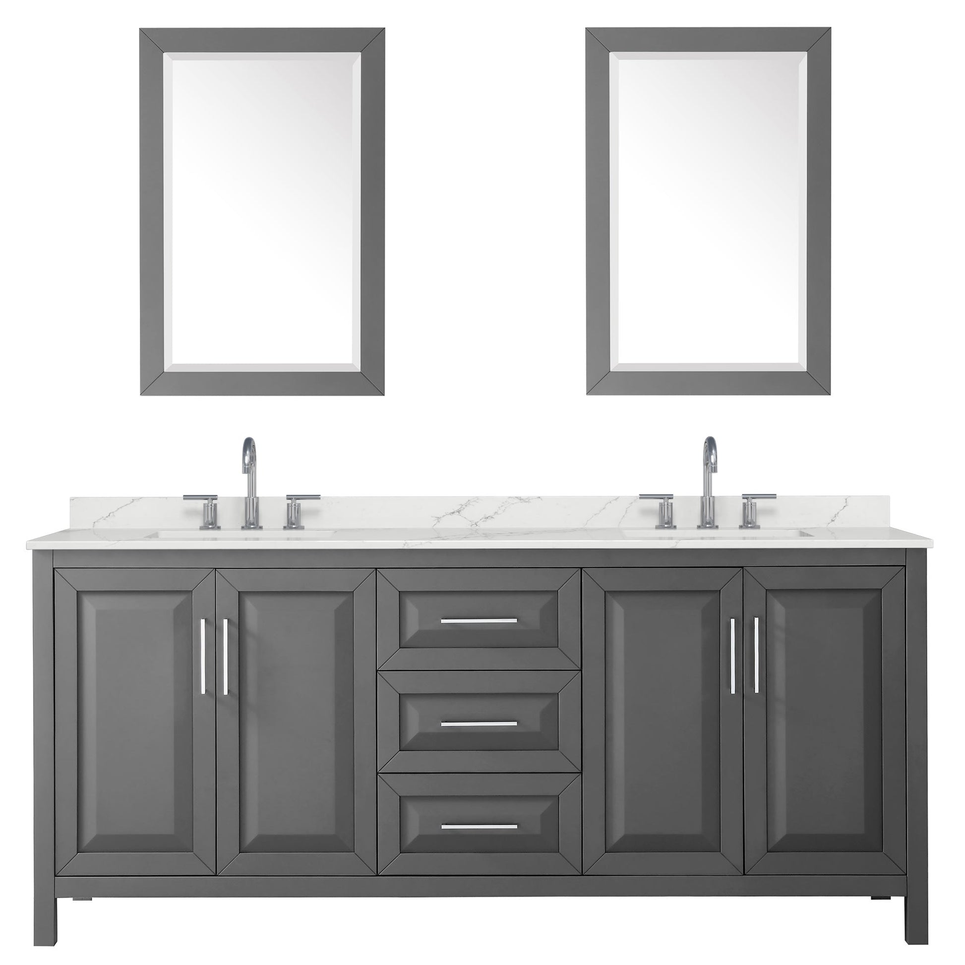Wyndham Collection Daria 80" Double Bathroom Vanity in Dark Gray, Giotto Quartz Countertop, Undermount Square Sinks (3-Hole), Polished Chrome Trim, 24" Mirrors