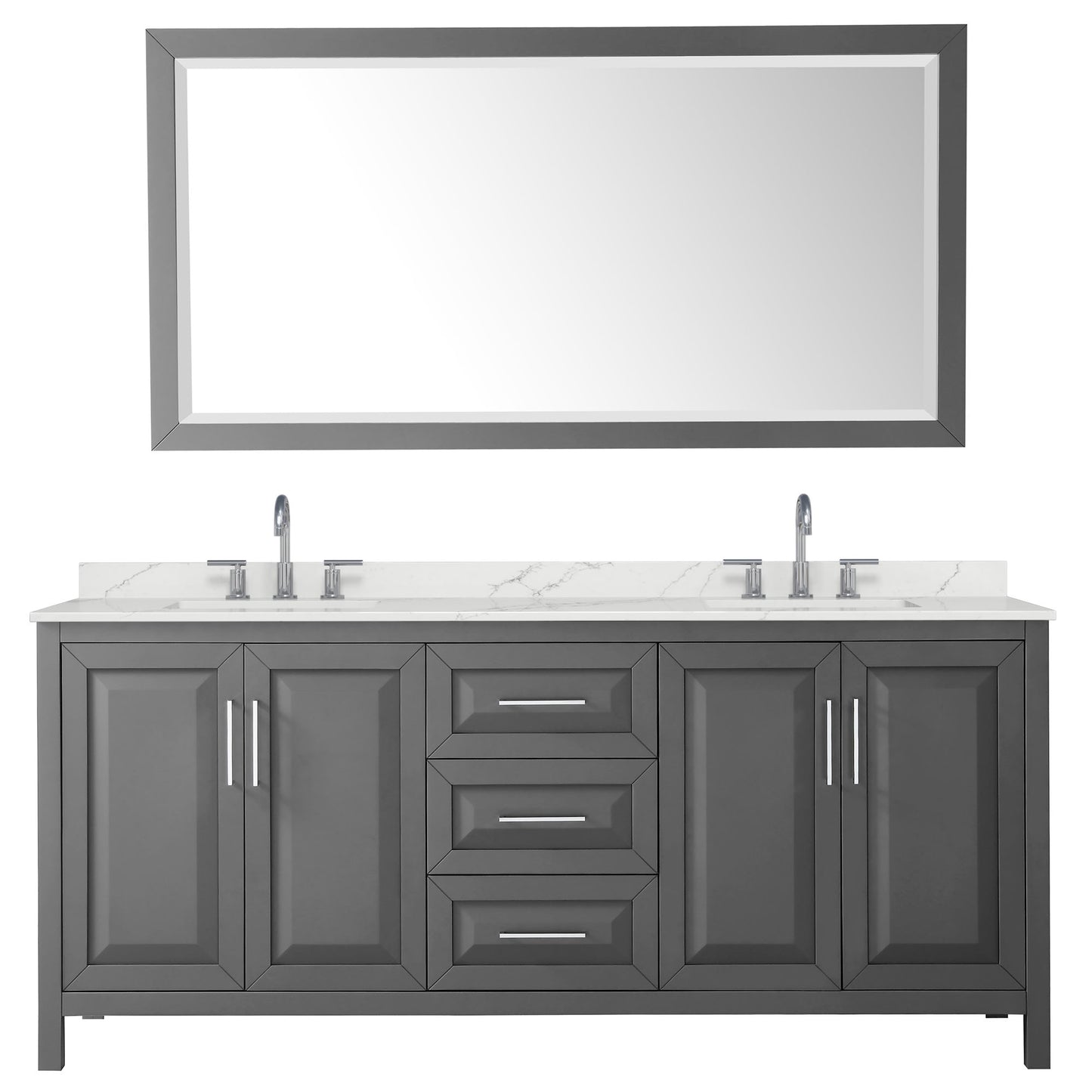Wyndham Collection Daria 80" Double Bathroom Vanity in Dark Gray, Giotto Quartz Countertop, Undermount Square Sinks (3-Hole), Polished Chrome Trim, 70" Mirror