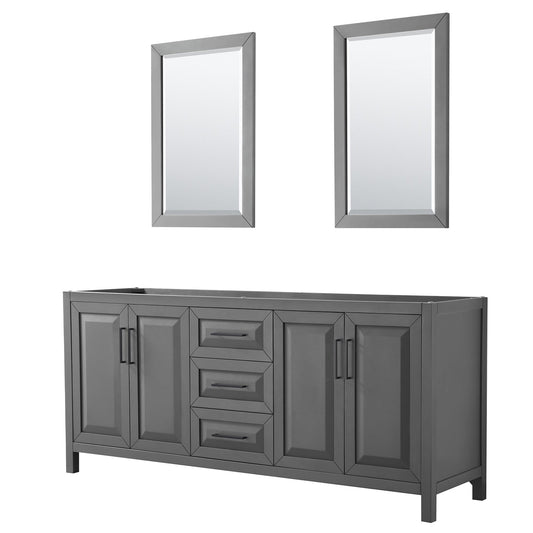 Wyndham Collection Daria 80" Double Bathroom Vanity in Dark Gray, No Countertop, No Sink, Matte Black Trim, 24" Mirrors