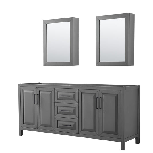 Wyndham Collection Daria 80" Double Bathroom Vanity in Dark Gray, No Countertop, No Sink, Matte Black Trim, Medicine Cabinets