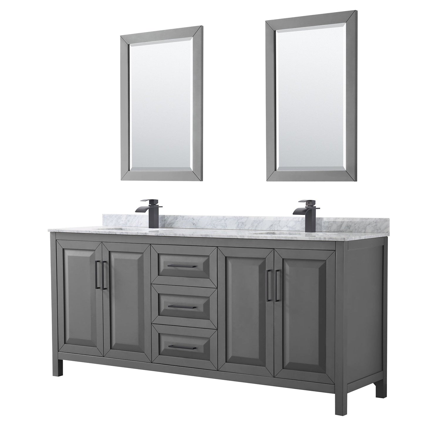 Wyndham Collection Daria 80" Double Bathroom Vanity in Dark Gray, White Carrara Marble Countertop, Undermount Square Sinks, Matte Black Trim, 24" Mirrors