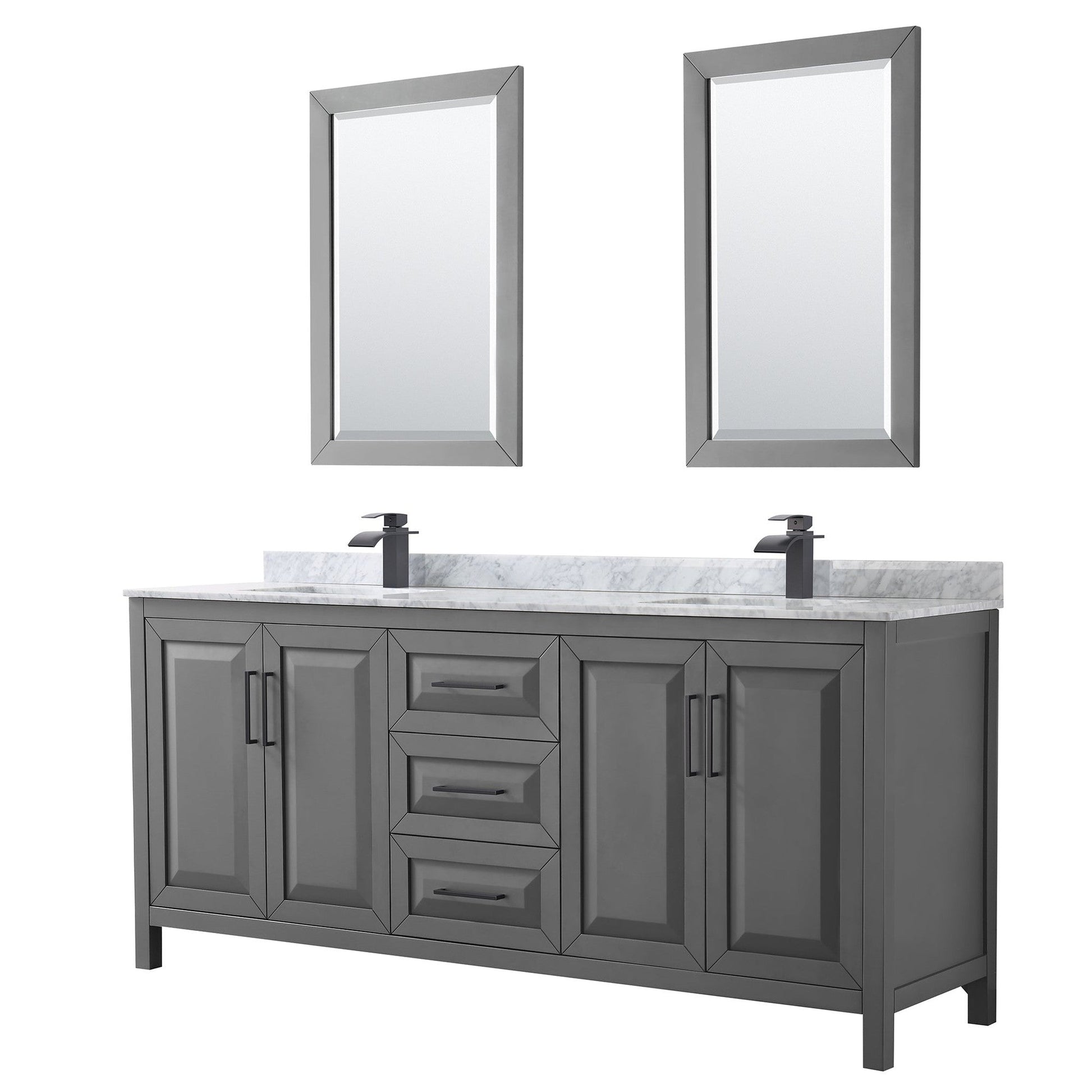 Wyndham Collection Daria 80" Double Bathroom Vanity in Dark Gray, White Carrara Marble Countertop, Undermount Square Sinks, Matte Black Trim, 24" Mirrors