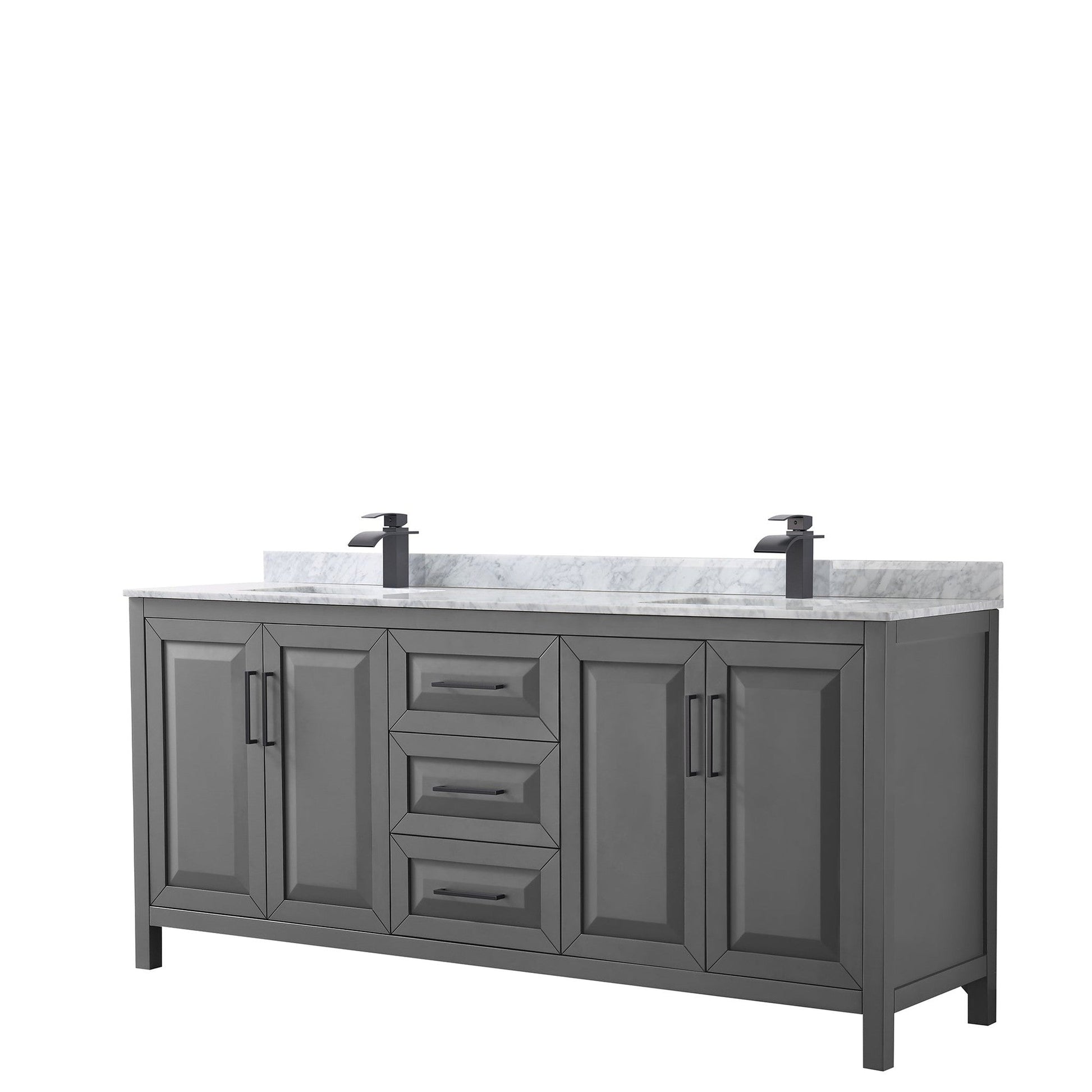 Wyndham Collection Daria 80" Double Bathroom Vanity in Dark Gray, White Carrara Marble Countertop, Undermount Square Sinks, Matte Black Trim